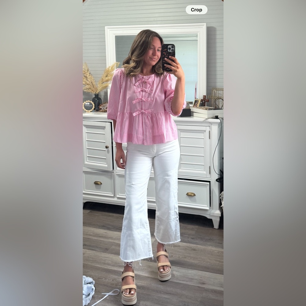 Velvet Heart Pink Striped Blouse with Bow Accents